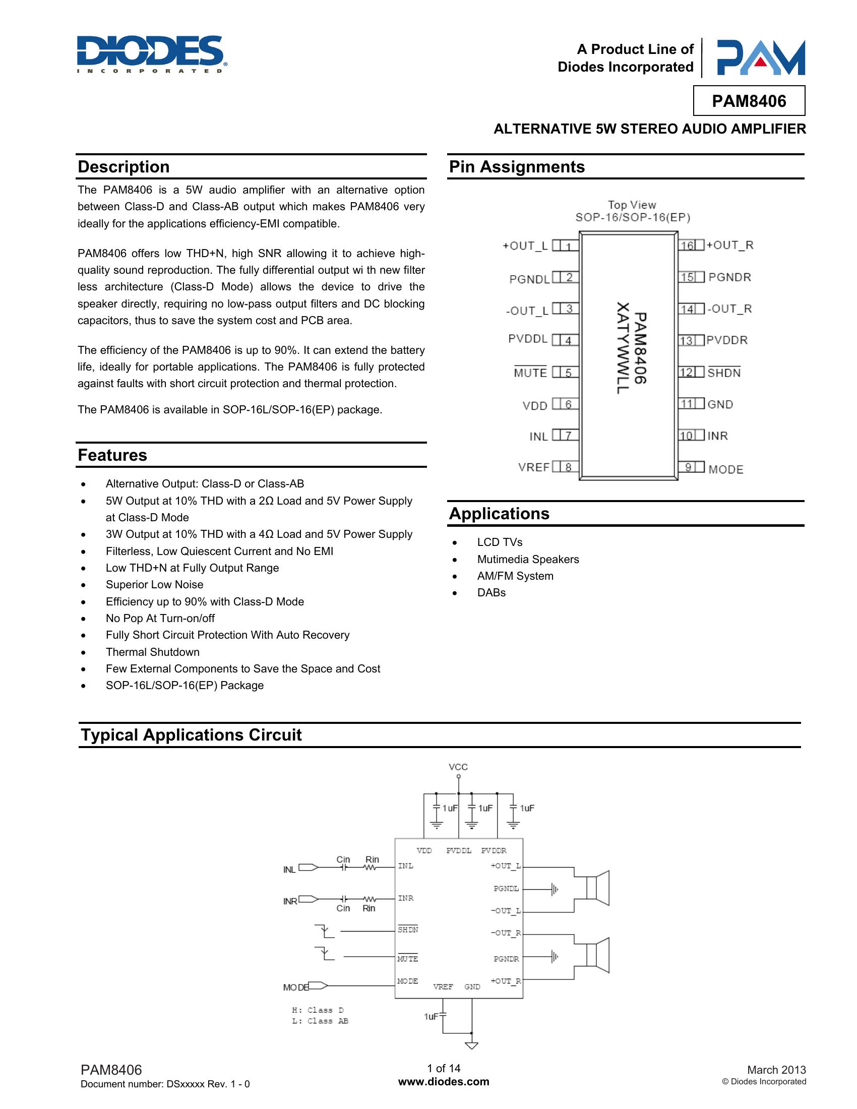 PAM8406 Series by Diodes Incorporated Datasheet