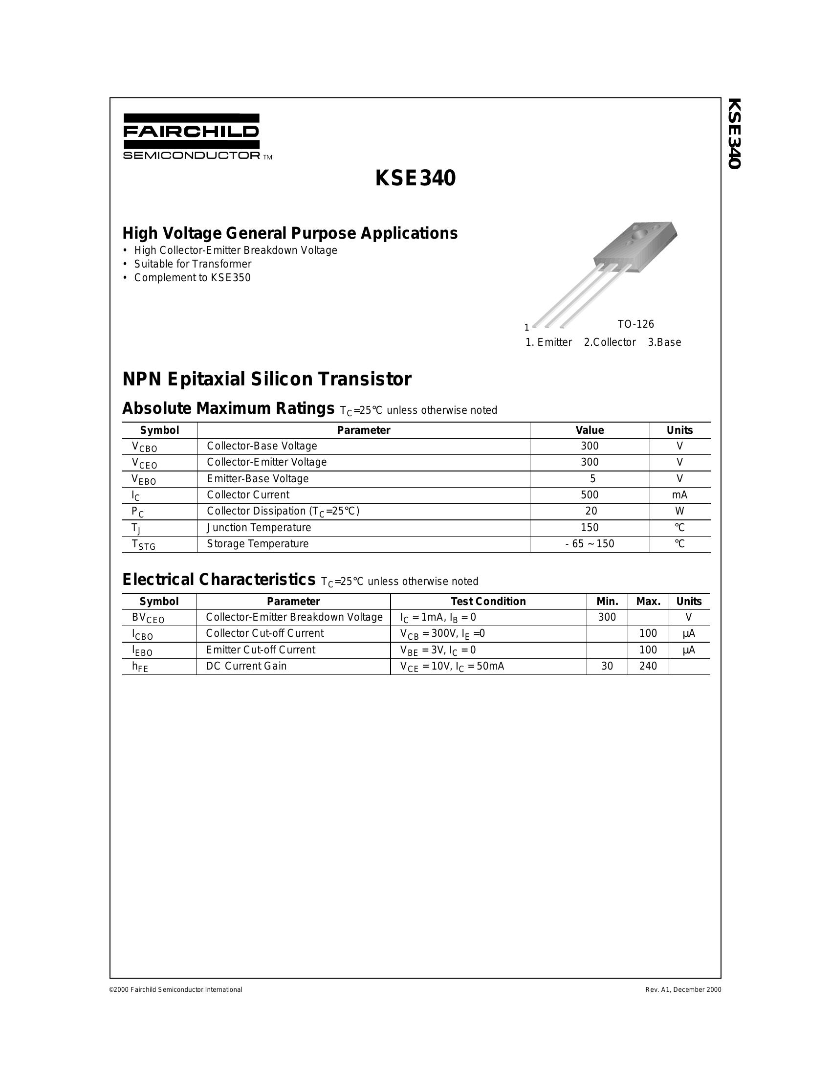 KSE340 Transistor Pinout, Applications, Equivalents,, 41 OFF